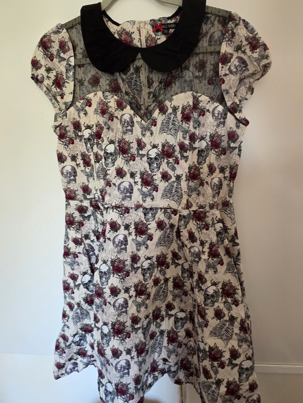 Hell Bunny Dress cream background goth-inspired pattern of skulls roses 2 XL